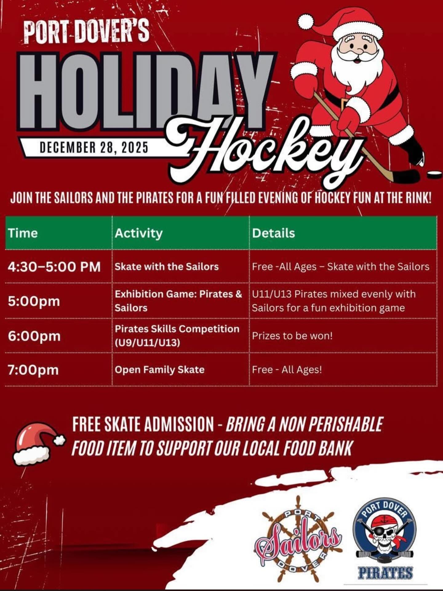Join the Sailors and the Pirates for a fun filled day at the rink on Sunday December 28th!