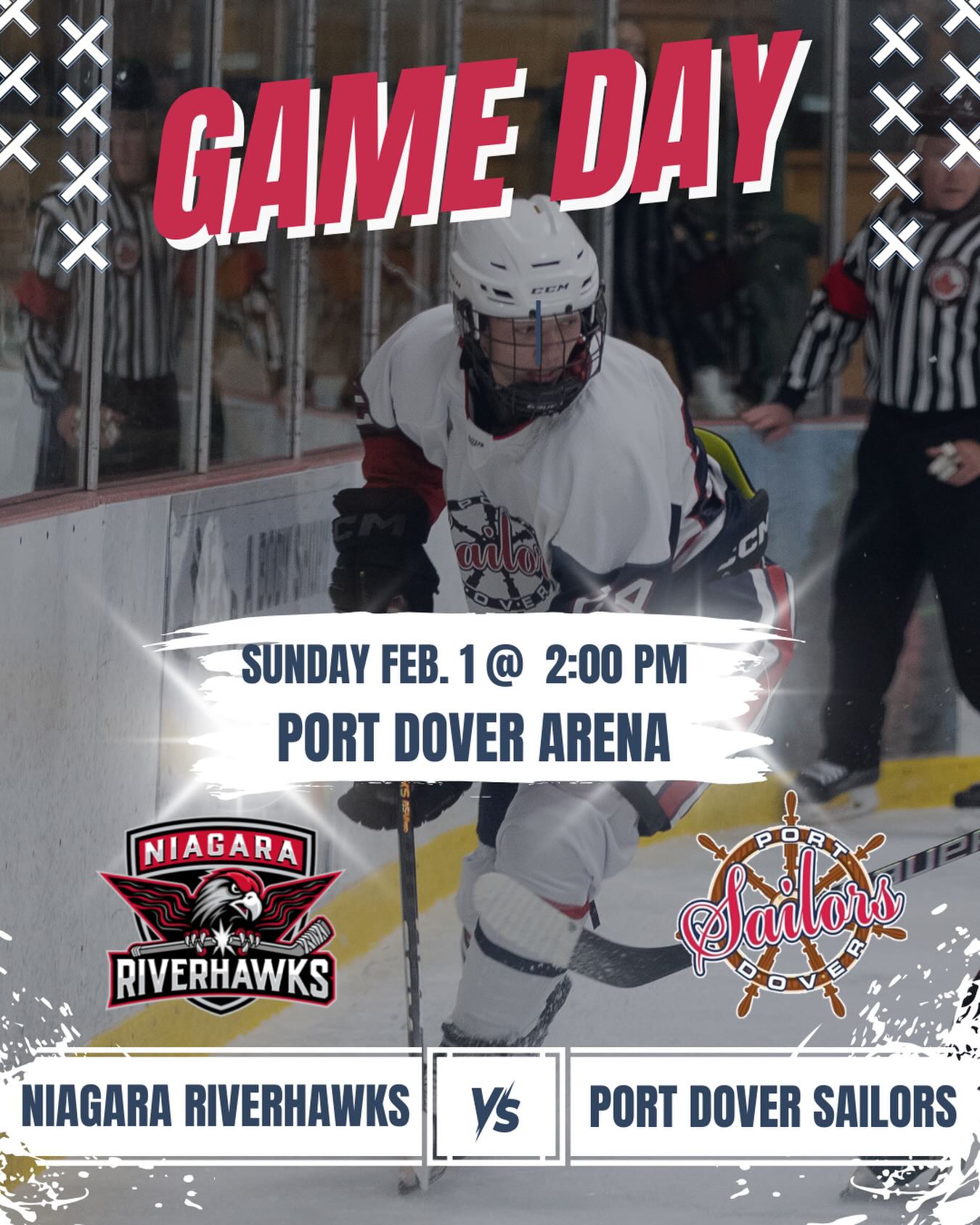 🟦⚓GAME DAY IN PORT DOVER!⚓🟦

Your Port Dover Sailors are back on home ice today as they take on the Niagara RiverHawks at the Port Dover Arena!

🗓 Today, Sunday Feb. 1st
⏰ 2:00 PM puck drop
📍 Port Dover Arena

Come out and pack the shipyard, bring the noise, and help us defend home ice! Let’s give the boys a huge boost as they battle it out this afternoon.

GO SAILORS GO! 💙⚓
#PortDoverSailors #GameDay #HomeIce #JuniorCHockey #NiagaraRiverHawks PuckDrop GoSailorsGo