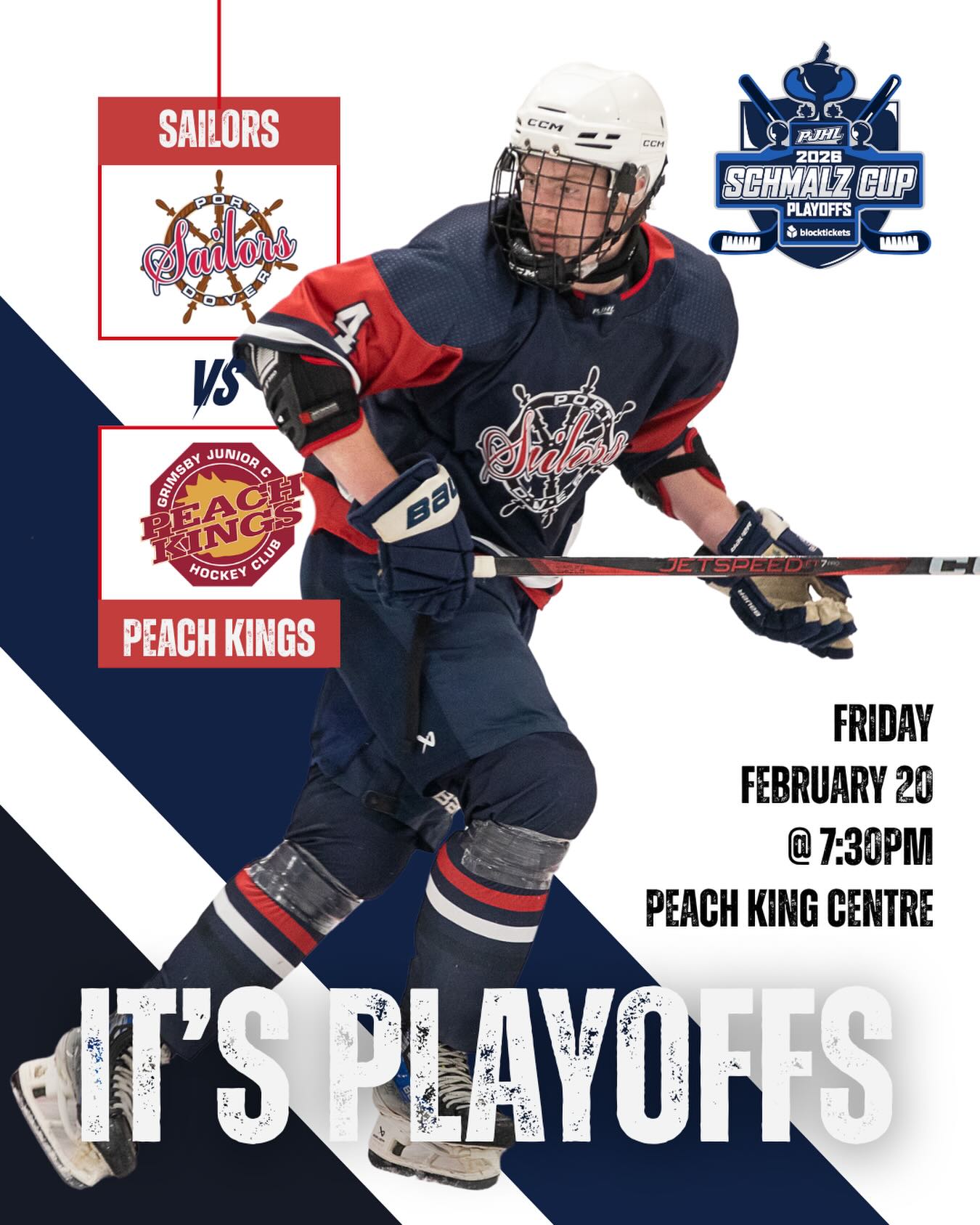 The Port Dover Sailors have their first game of the playoff series against the Grimsby Peach Kings tonight at the Peach King Center. Puck drops at 7:30 PM. Come out and cheer on your Sailors! #letsgosailors #schmalzcup #pjhl
