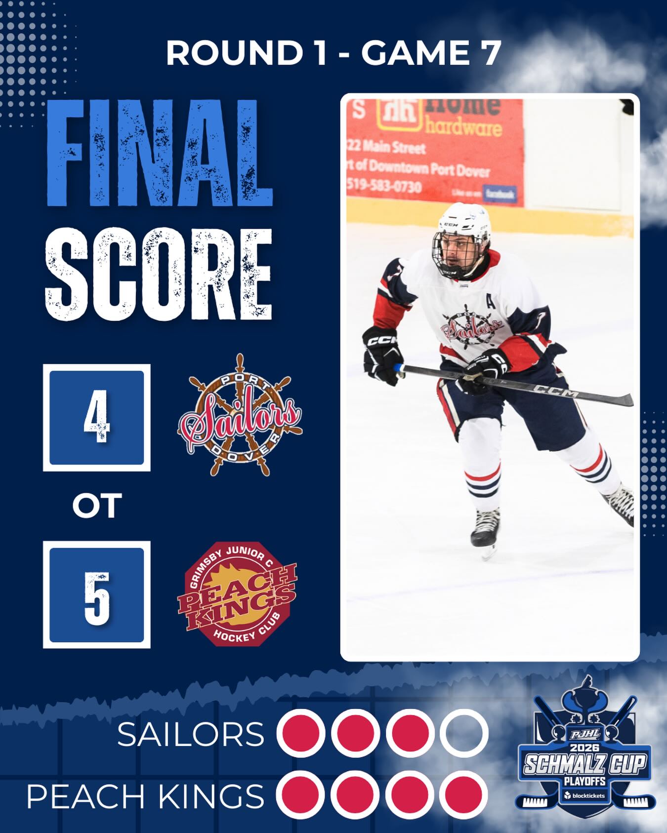 Game 7 went right down to the wire.

The Port Dover Sailors battled until the very end but fell 5–4 in overtime to the Grimsby Peach Kings to close out the series.

Not the ending we were hoping for, but we couldn’t be more proud of this group. The dedication, resilience, and heart shown by every player all season long was incredible to watch. This team left everything on the ice.

Thank you to our players, fans, families, coaching staff, volunteers, and community for the unwavering support throughout the season.

We’ll be back. ⚓️

#PortDoverSailors #SailorsHockey #PJHL #ThankYouFans
