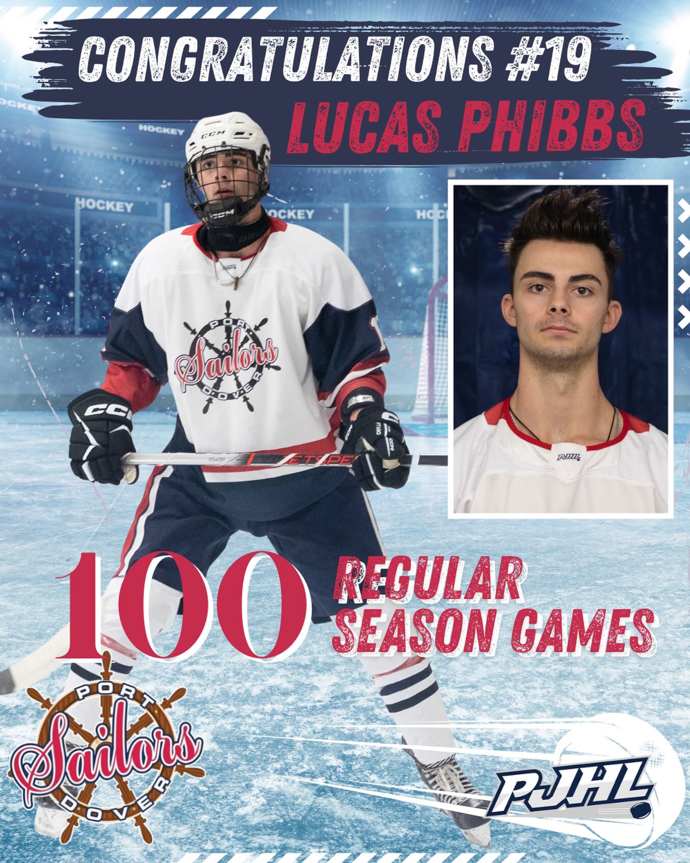 Congratulations to Sailors Defenseman Lucas Phibbs on 100 career games with the PJHL! 

#PortDoverSailors #SailorsHockey #pjhl #JuniorCHockey #100games @lphibbs07